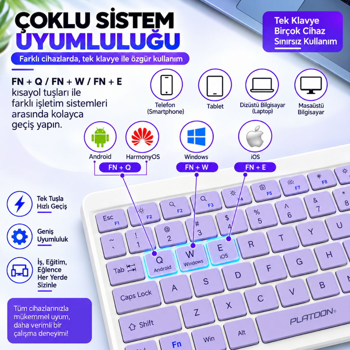 PL-388 Bluetooth Türkçe Q Mini Klavye Mouse Seti Şarjlı Klavye Pilli Mouse