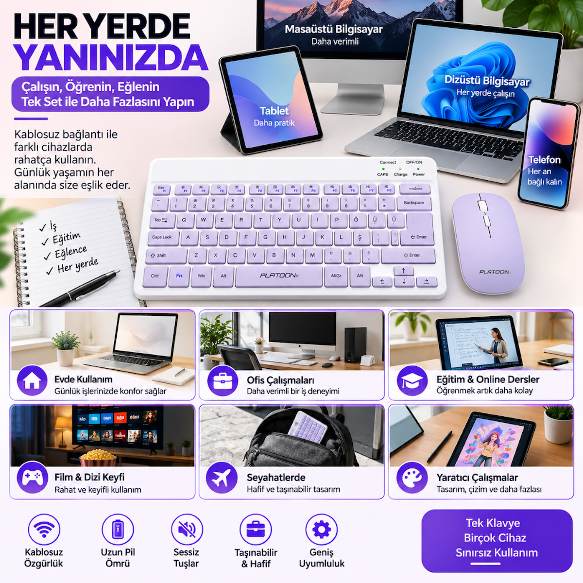 PL-388 Bluetooth Türkçe Q Mini Klavye Mouse Seti Şarjlı Klavye Pilli Mouse