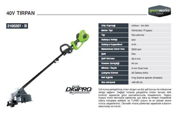 Greenworks 2100207-B 40 V Akülü Tırpan - Akü ve Şarj Aleti Dahil