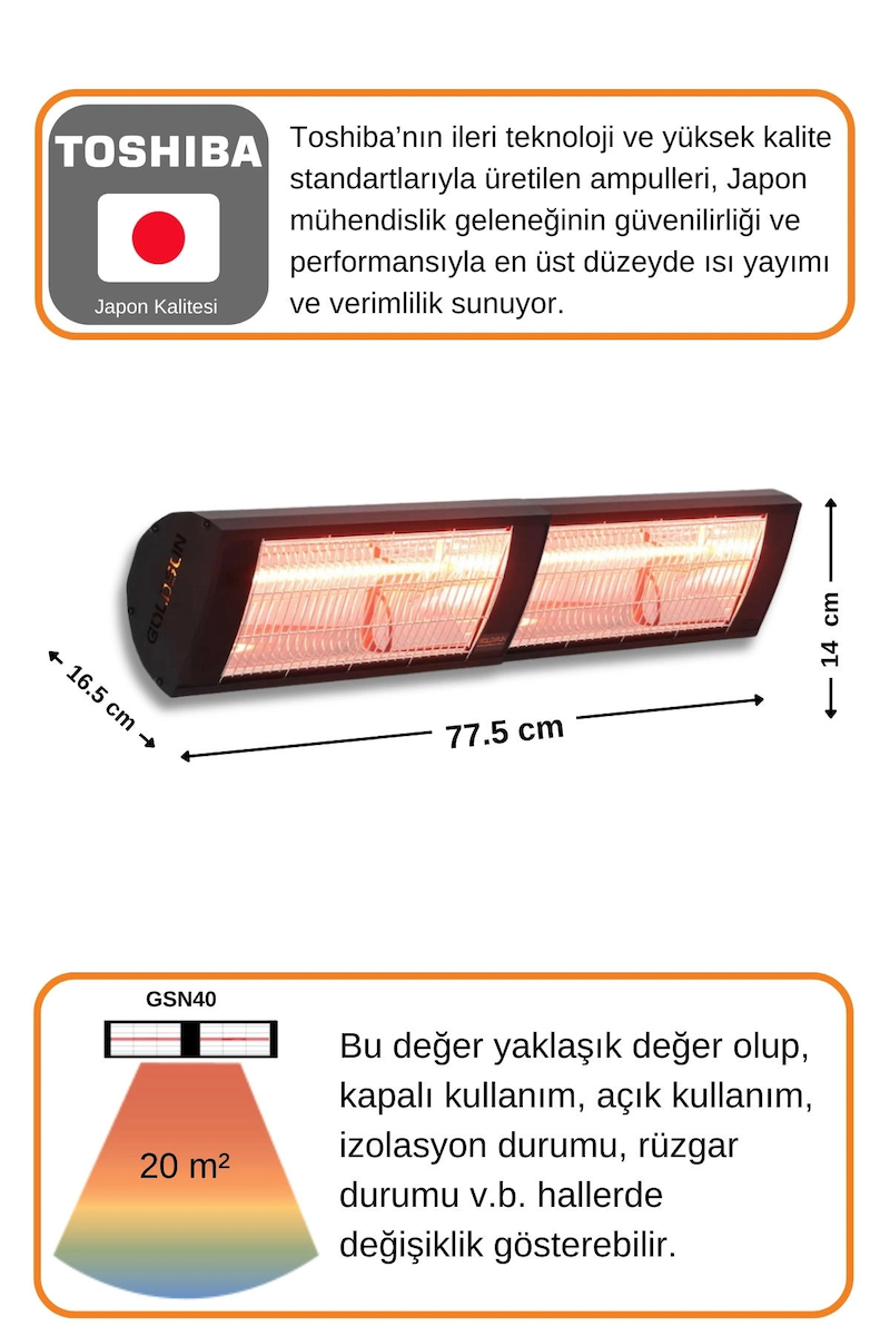 Goldsun Nova 4000 Watt GSN40 Kumandasız Elektrikli İnfrared Isıtıcı-Siyah