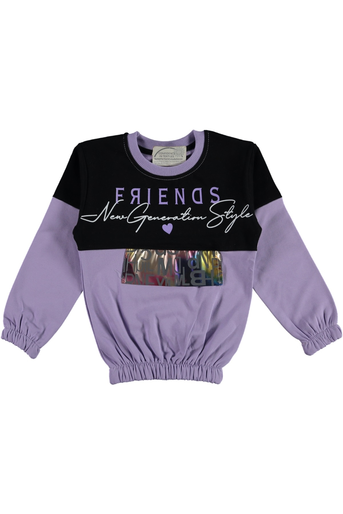 Kız Çocuk Friends Yazı Desenli Reflektörlü Bel Bilek Lastikli Mor Siyah Renk Şardonlu Sweatshirt