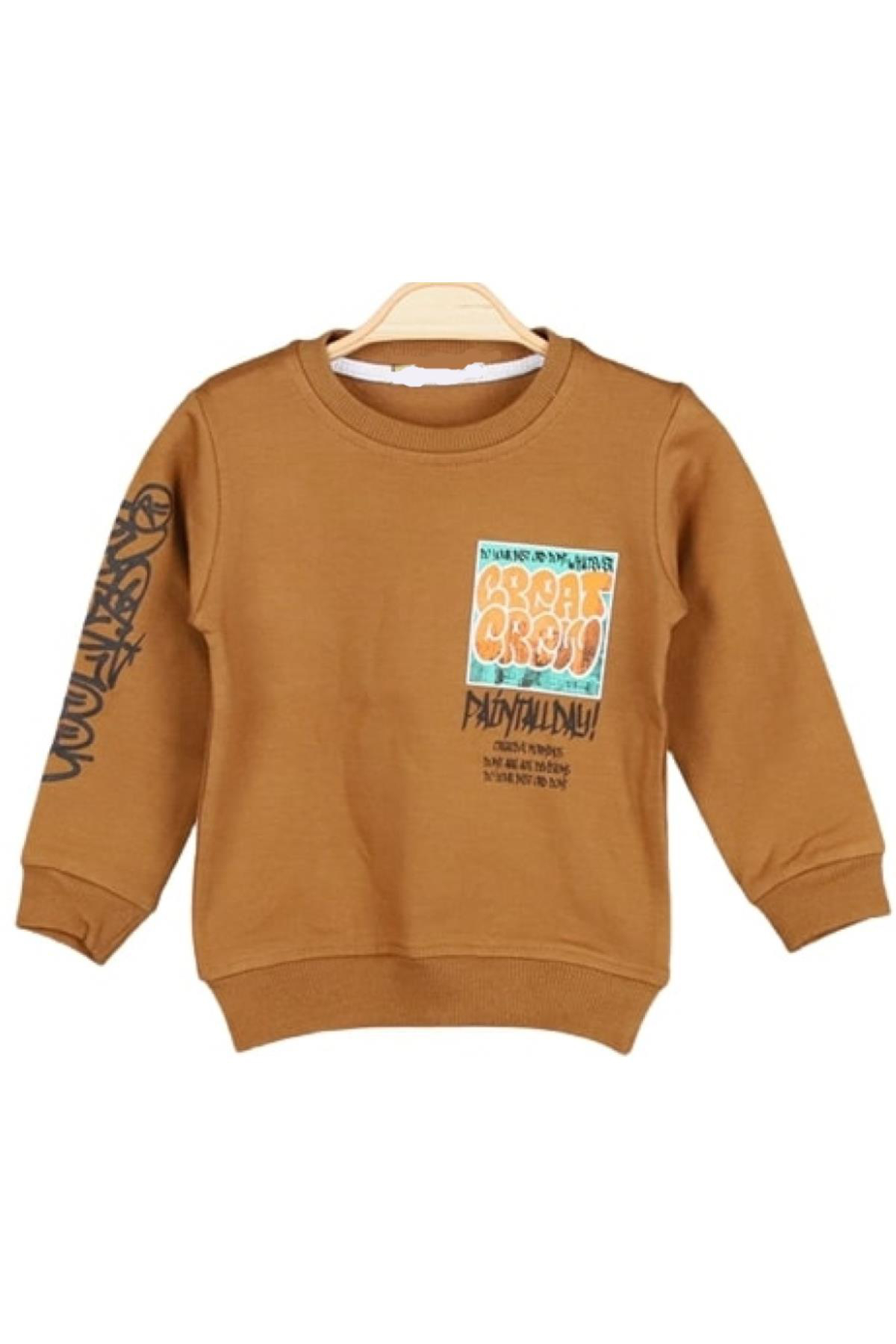 Erkek Çocuk Great Yazı Desenli Kolu Yazılı Şardonlu Kahverengi Sweatshirt