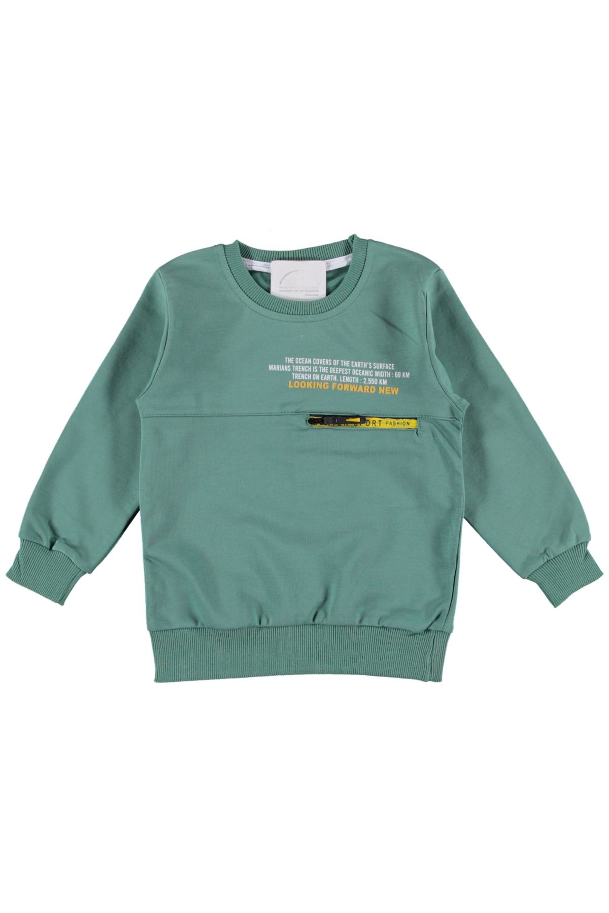 Erkek Çocuk Looking Yazı Desenli Fermuar Cep Detaylı Yeşil Renk Sweatshirt