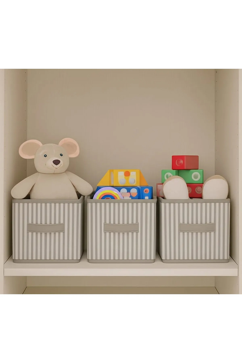 3 lü 30x30 Gri Çizgili Organizer Hurç - Katlanabilir, Kartonlu, Kulplu Saklama Kutusu Seti