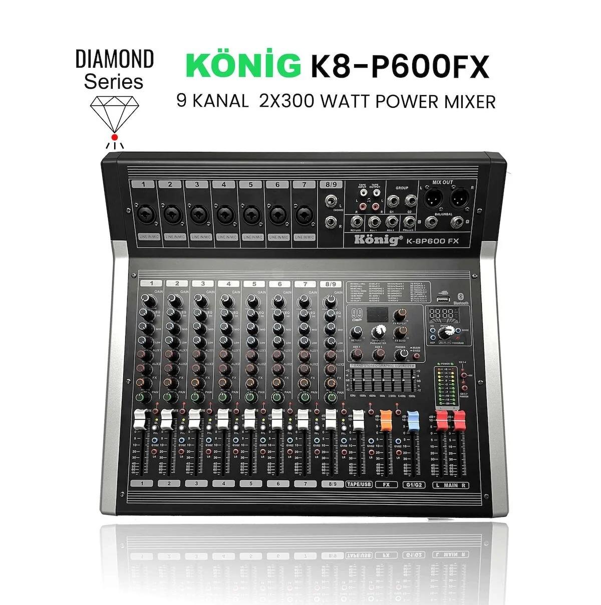 König K-8p 600 Fx 9 Kanal 2*300 Watt 99 Dsp Effect Diamond Serisi Power Mixer