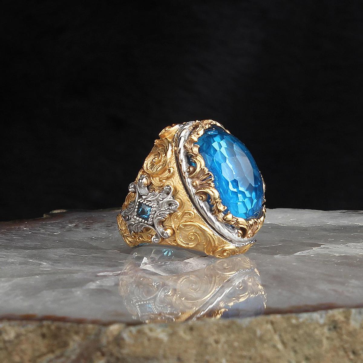 Blue Topaz Taşlı Rodaj Kaplama 925 Ayar Gümüş Yüzük