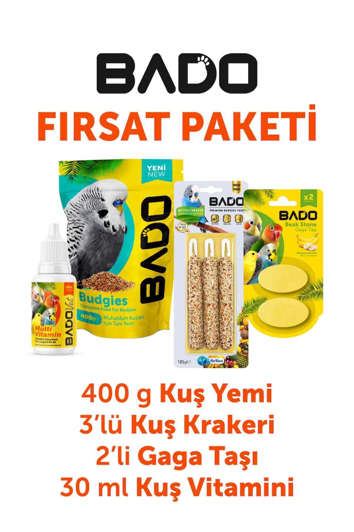 Bado Kuş Karma Paket 4lü(Yem+Vitamin+Kraker+Gaga Taşı)