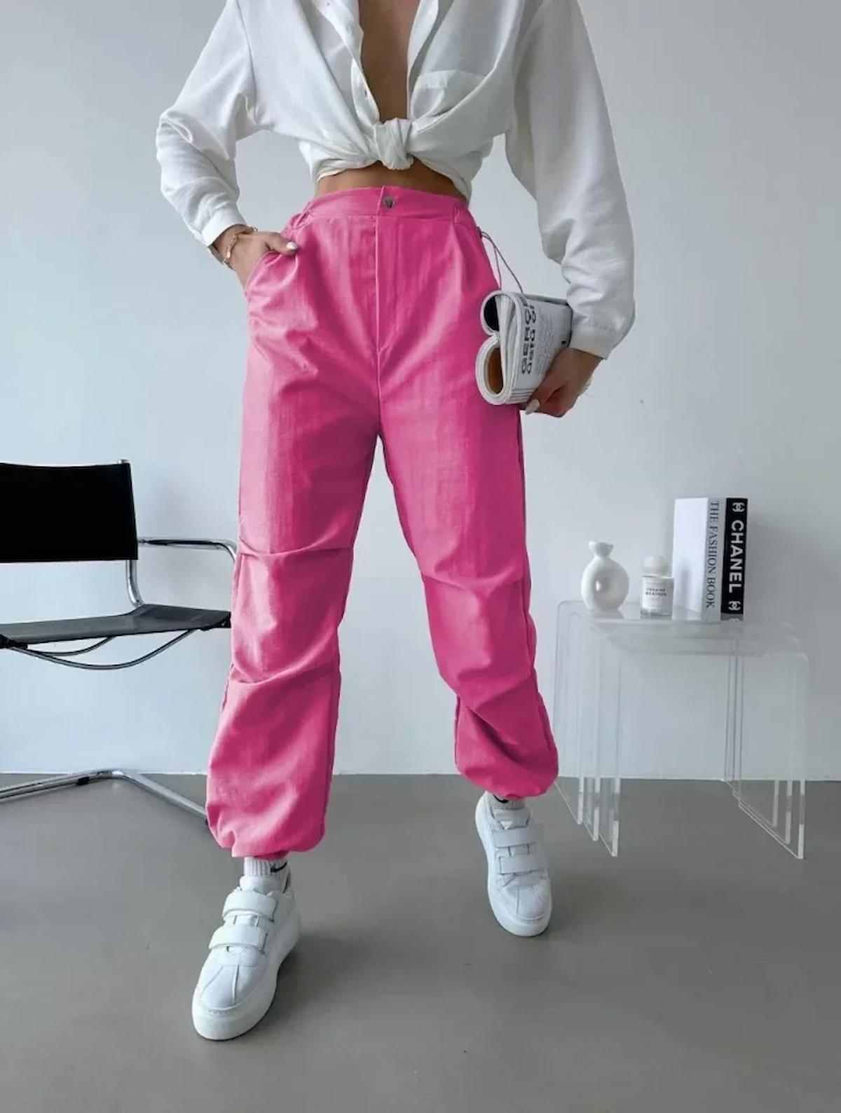 LENAY  Paraşüt Kumaş Beli Lastikli Pantalon-Pembe