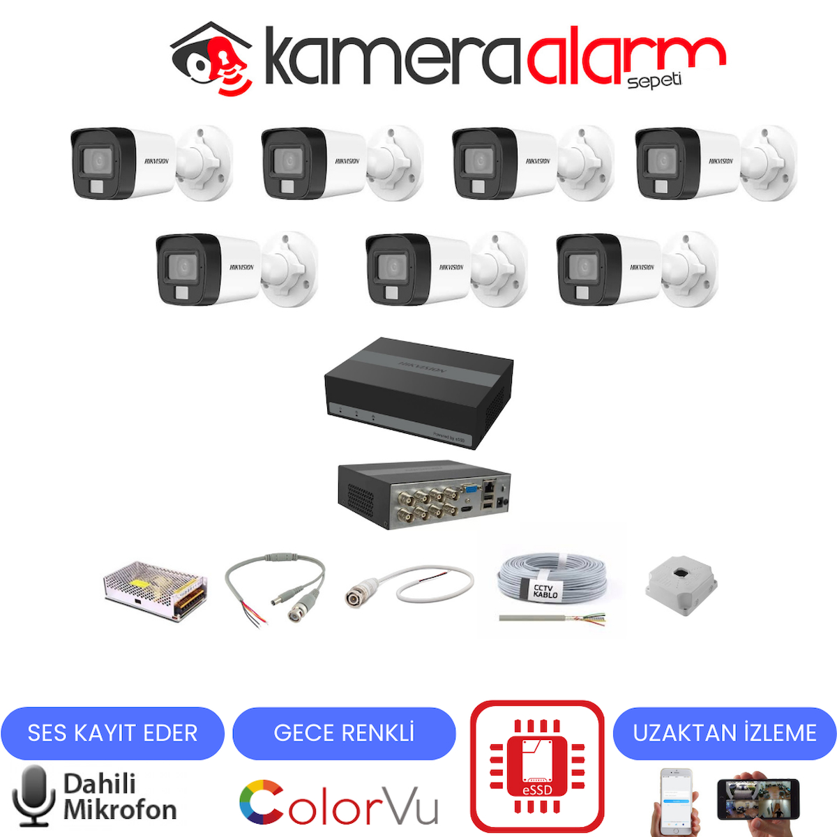 7 KAMERALI DAHİLİ MİKROFONLU GECE RENKLİ GÜVENLİK KAMERASI - 1TB e-SSD