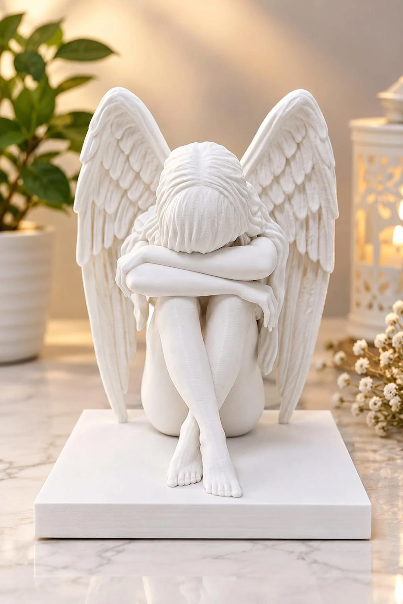 3D Melek Heykeli – Kanatlı Diz Çöken Melek Biblo Dekoratif Heykel - 15 cm