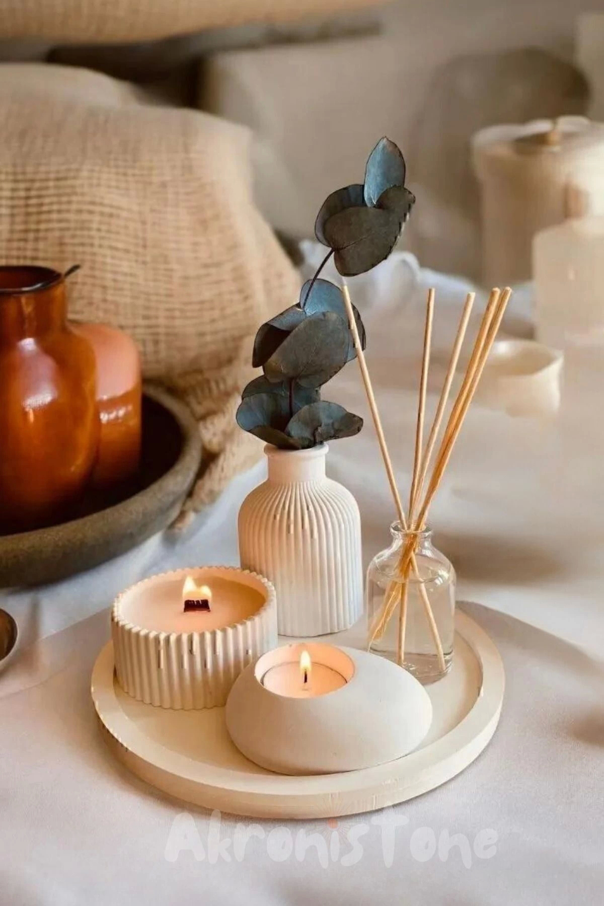 Dekoratif Tepside 5 Li Set Vazo, Vanilya Kokulu Mum, Tealight Mumluk ve Oda Kokusu