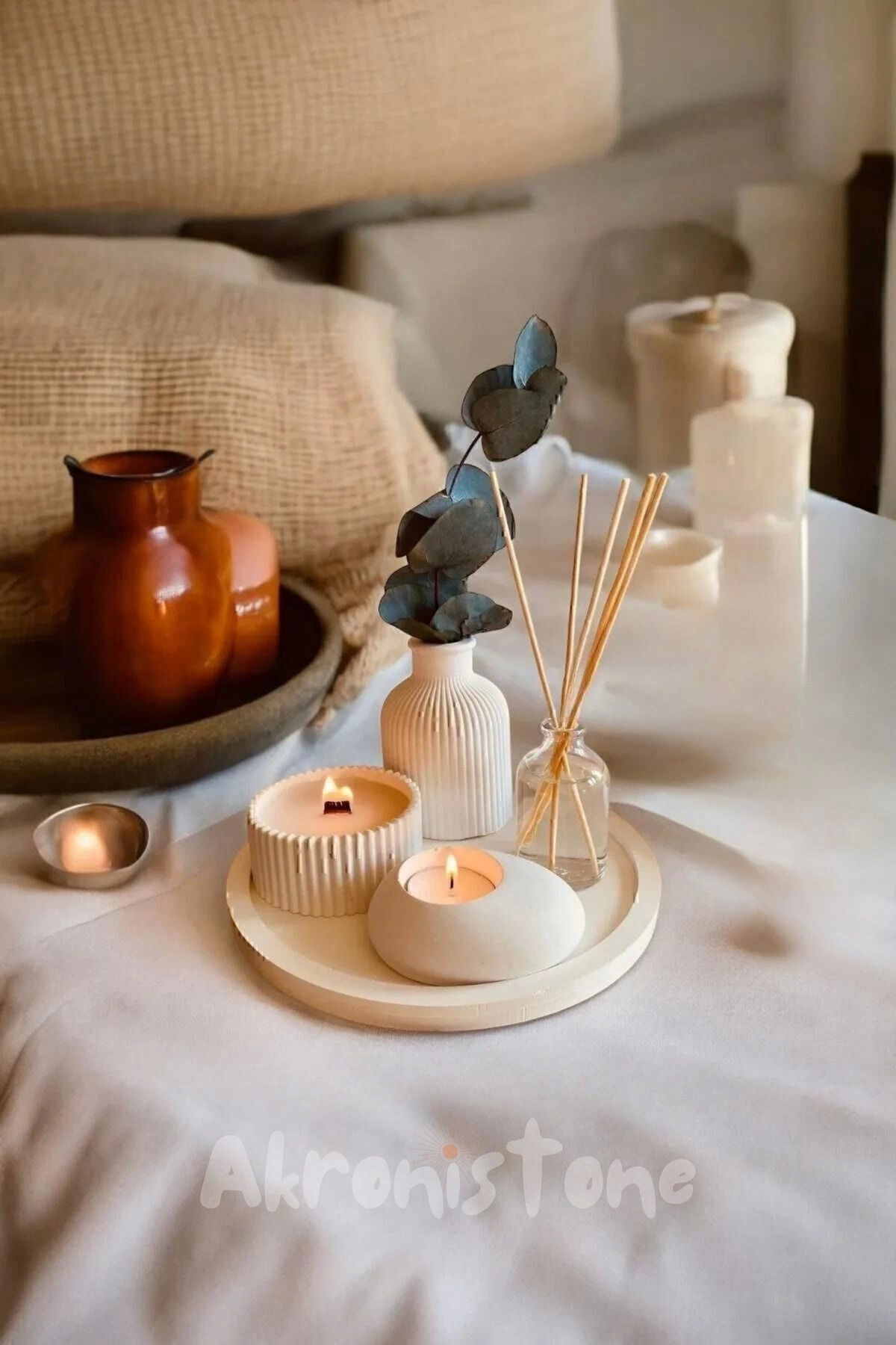 Dekoratif Tepside 5 Li Set Vazo, Vanilya Kokulu Mum, Tealight Mumluk ve Oda Kokusu