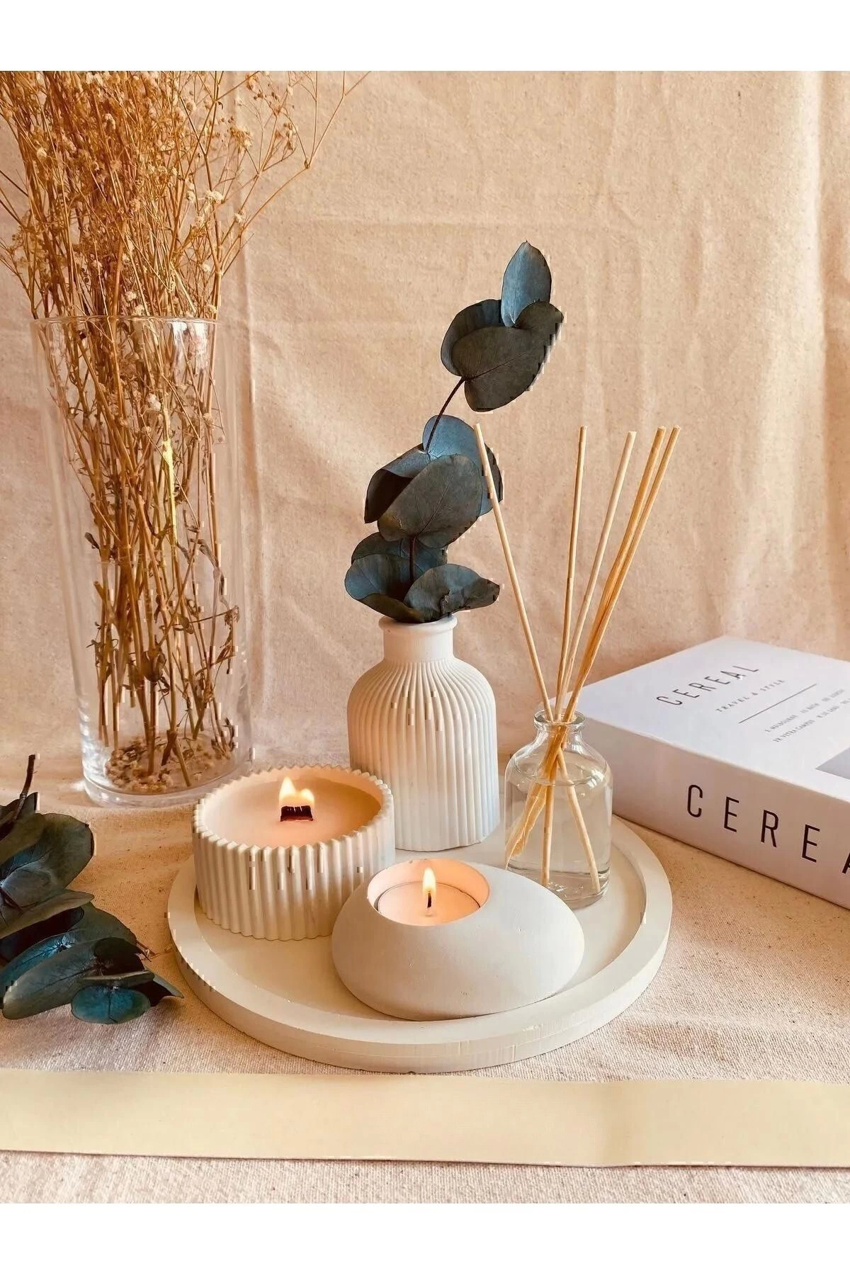 Dekoratif Tepside 5 Li Set Vazo, Vanilya Kokulu Mum, Tealight Mumluk ve Oda Kokusu