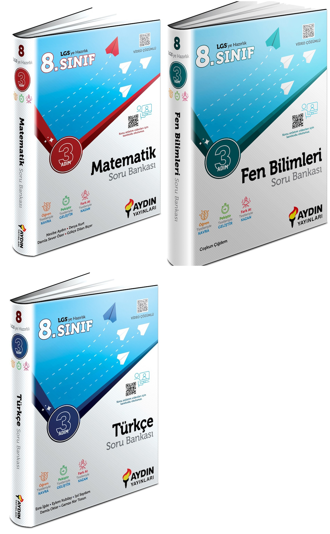 Aydın 2024 8. Sınıf Matematik + Türkçe + Fen Bilimleri Üç Adım Soru Seti 3 Kitap