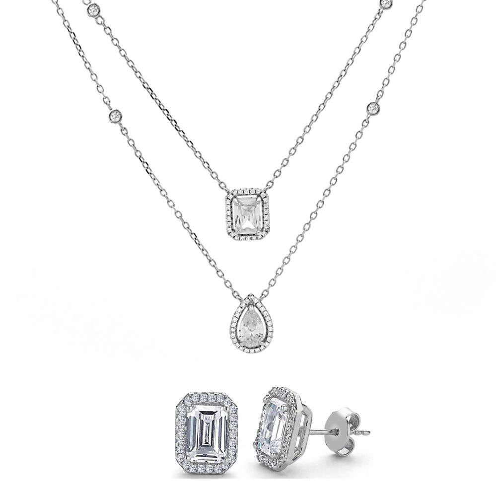 Monemel Swarovski Taşlı Gümüş Baget Çiftli Kolye ve Küpe Set (Altın Kaplama)