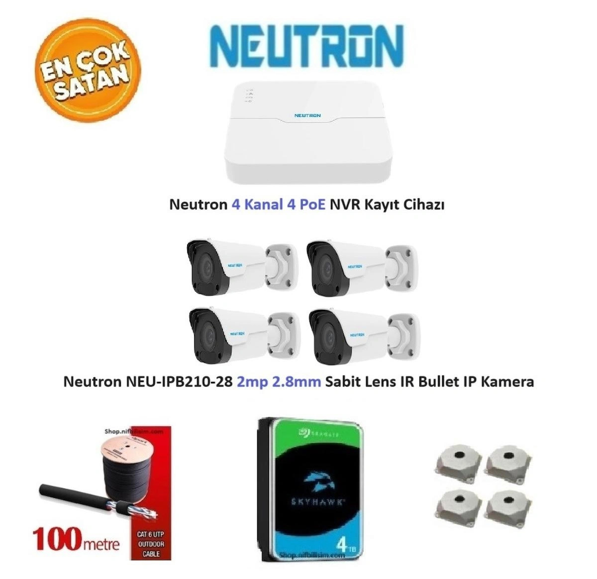 Neutron 2mp 4 Kameralı 4TB Disk Tak Çalıştır Hazır IP Kamera Seti NEU-IPB210-28