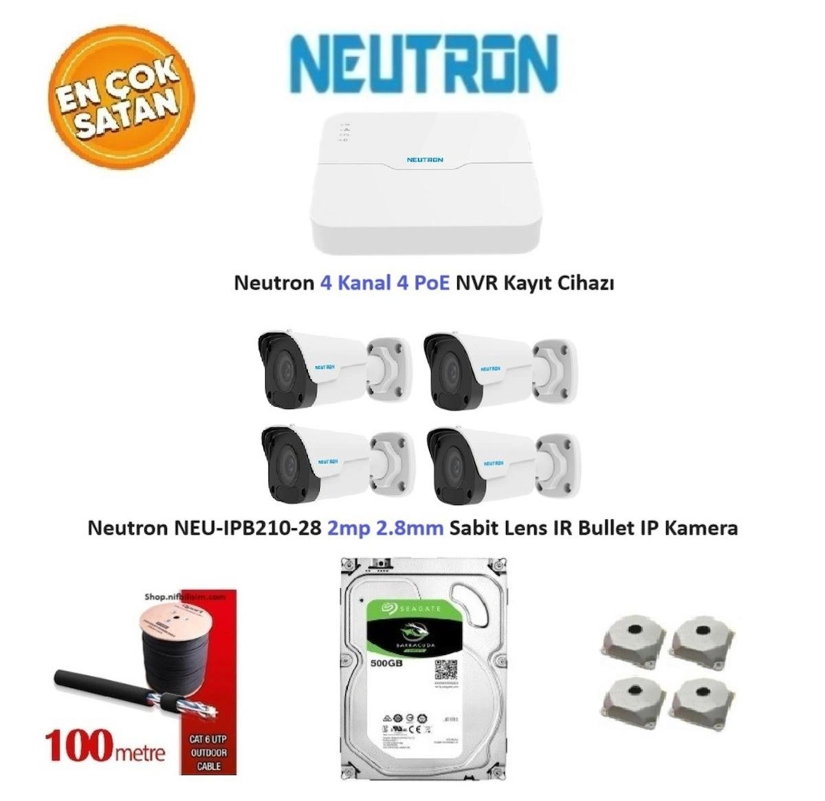 Neutron 2mp 4 Kameralı 500 GB Disk Tak Çalıştır Hazır IP Kamera Seti NEU-IPB210-28