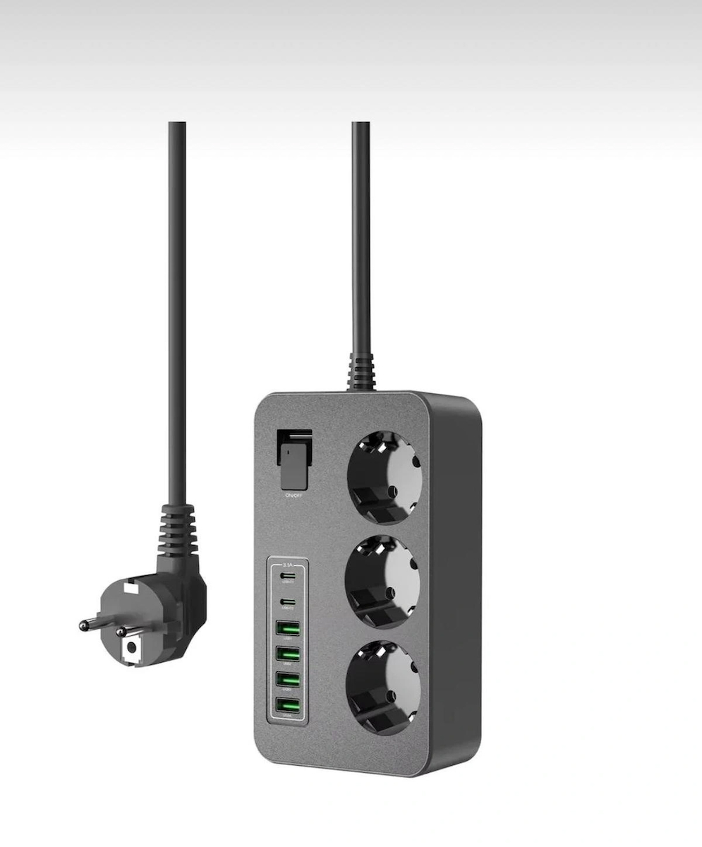 Akım Korumalı 3’lü Priz – 2 m Kablo, 2×USB-C + 4×USB-A Hızlı Şarj, Çocuk Korumalı, 3000W