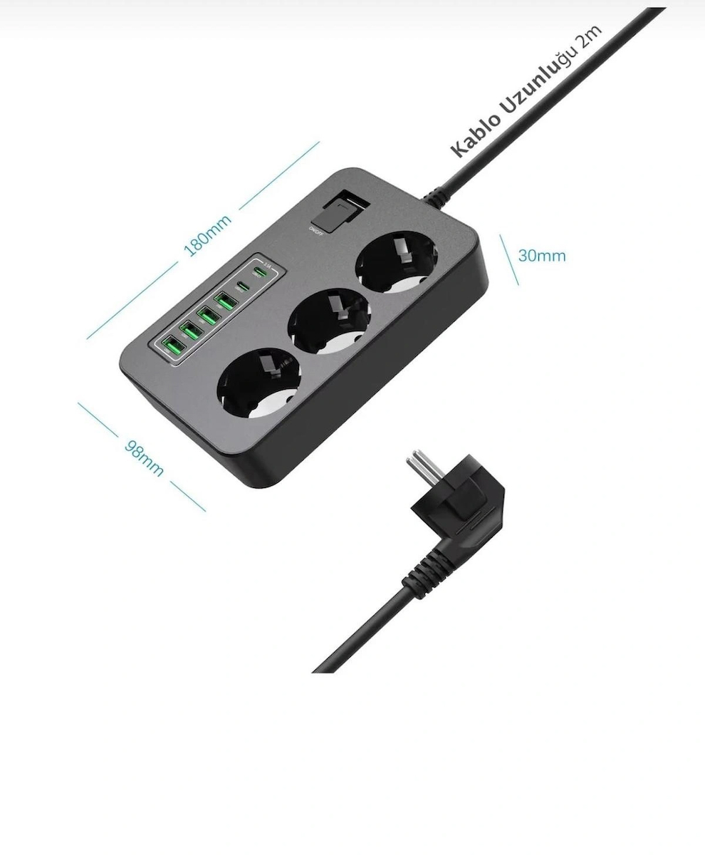Akım Korumalı 3’lü Priz – 2 m Kablo, 2×USB-C + 4×USB-A Hızlı Şarj, Çocuk Korumalı, 3000W