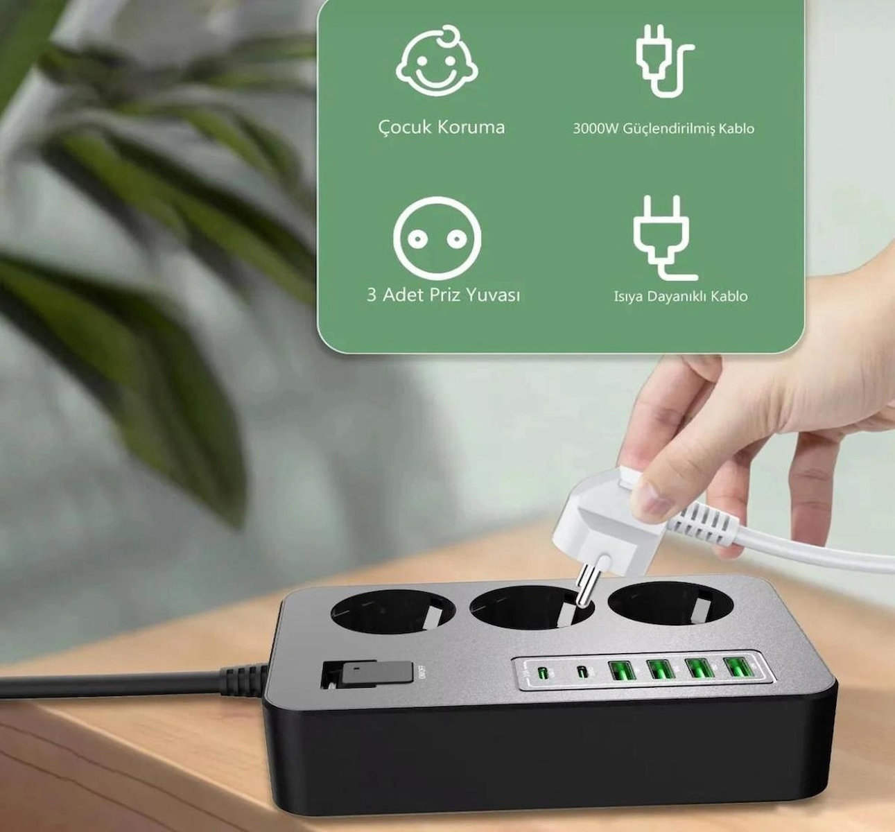 Akım Korumalı 3’lü Priz – 2 m Kablo, 2×USB-C + 4×USB-A Hızlı Şarj, Çocuk Korumalı, 3000W