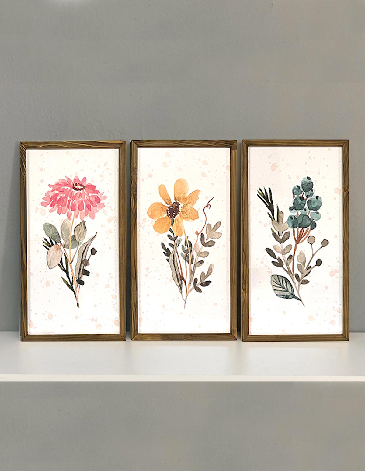 Suluboya Çiçekler Ahşap Çerçeveli Tablo Set (25x49 cm)