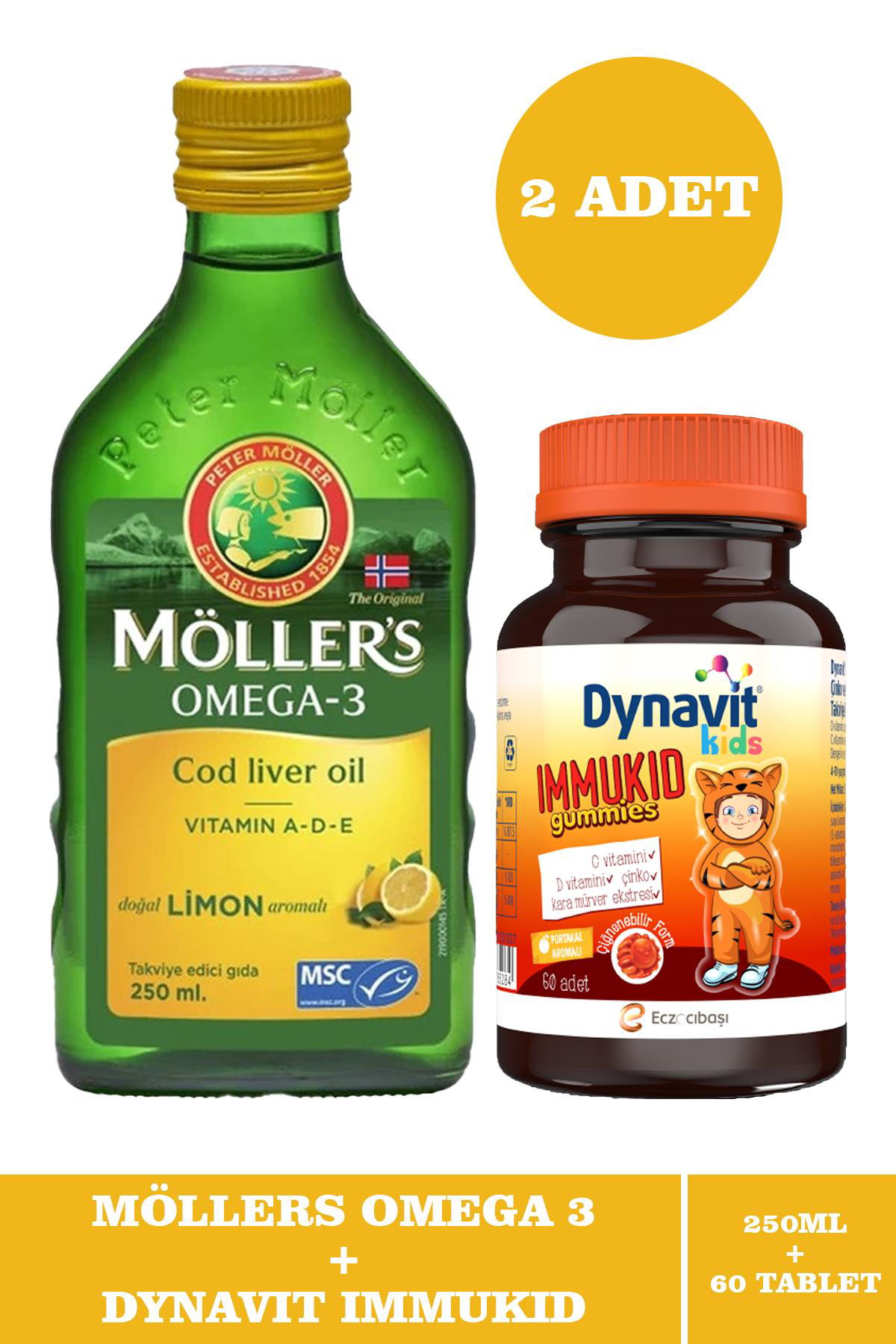 Möller's Omega 3 Limonlu Balık Yağı Şurubu 250 ml 2 + Dynavit Kids Immukid 60 Gummies