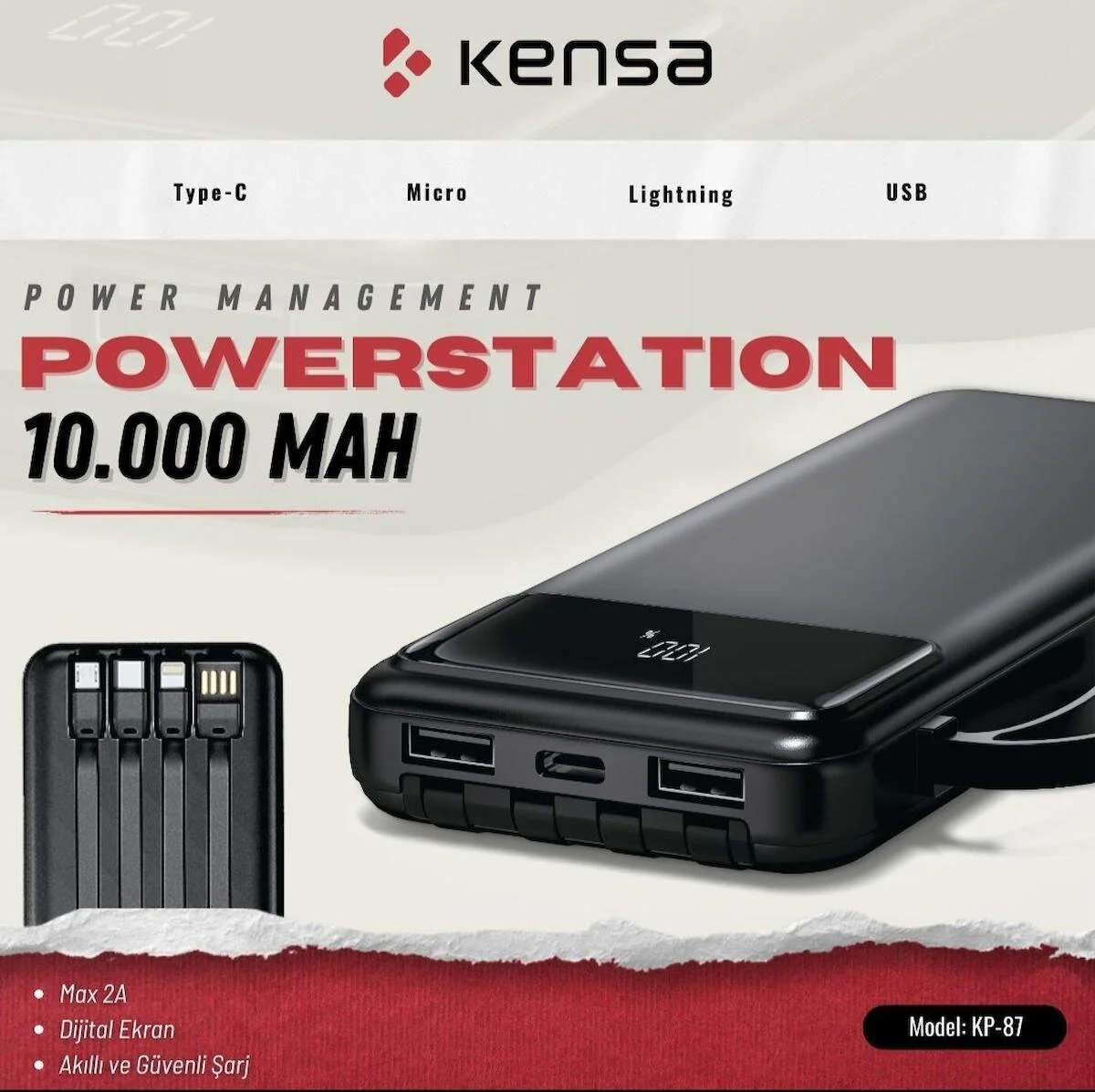 POWERBANK YENİ NESİL DİJİTAL GÖSTERGELİ KENDİNDEN KABLOLU 10.000 mAh GÜÇLÜ VE DAYANIKLI