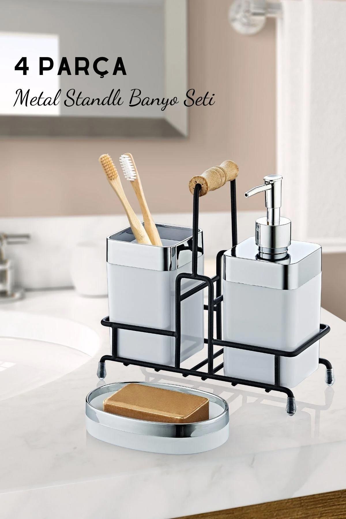 Metal Standlı Krom Detaylı Banyo Seti Beyaz- Sıvı Sabunluk Katı Sabunluk Diş Fırçalık