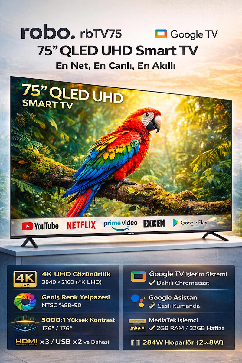 robo 75 inç 190 Ekran 4K Ultra HD Uydu Alıcılı Smart QLED Google TV