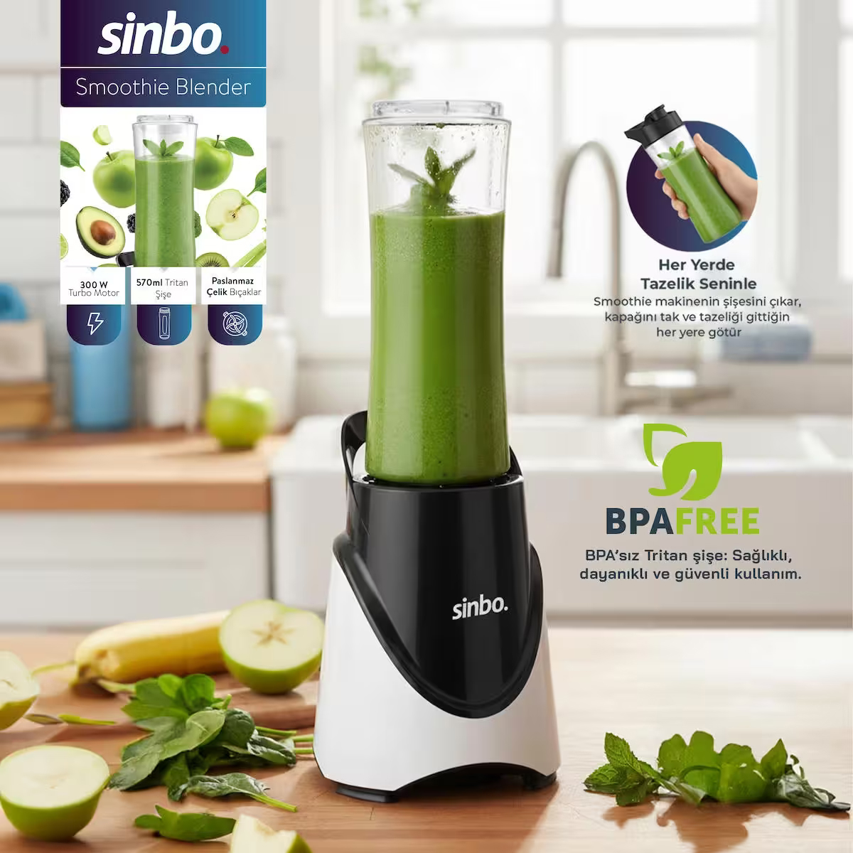 Sinbo 300W 570mL Profesyonel Kişisel Paslanmaz Bıçaklı Smoothie Blender | Sporcu Matarası SHB-7508