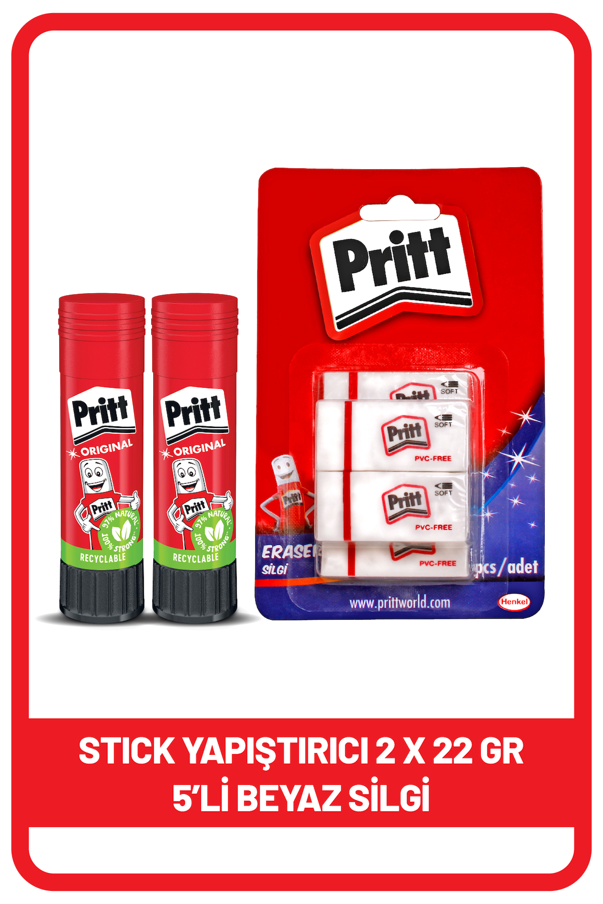 Pritt Stick 22 gr Shrink x 2 adet + Pritt Beyaz Silgi 5'li Blister