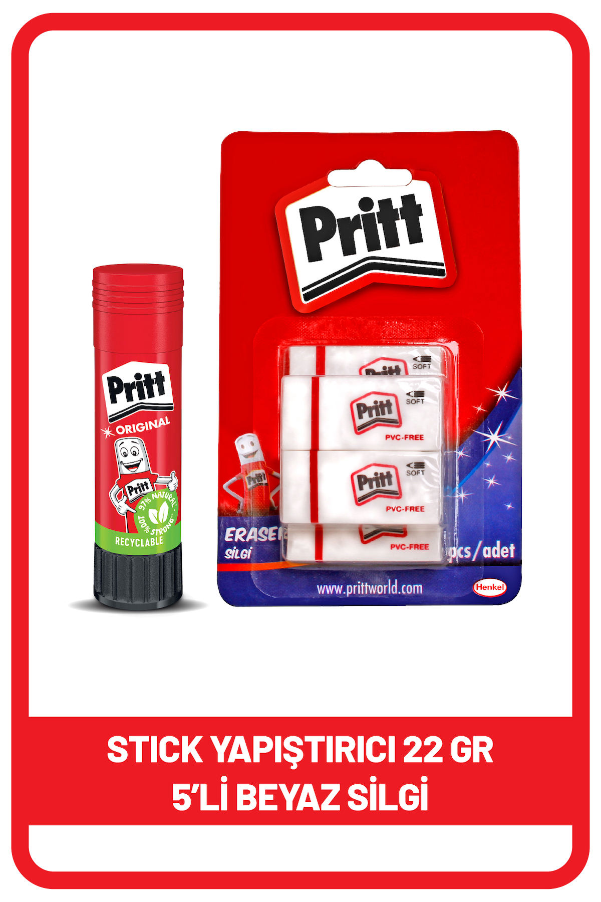 Pritt Stick 22 gr Shrink + Pritt Beyaz Silgi 5'li Blister