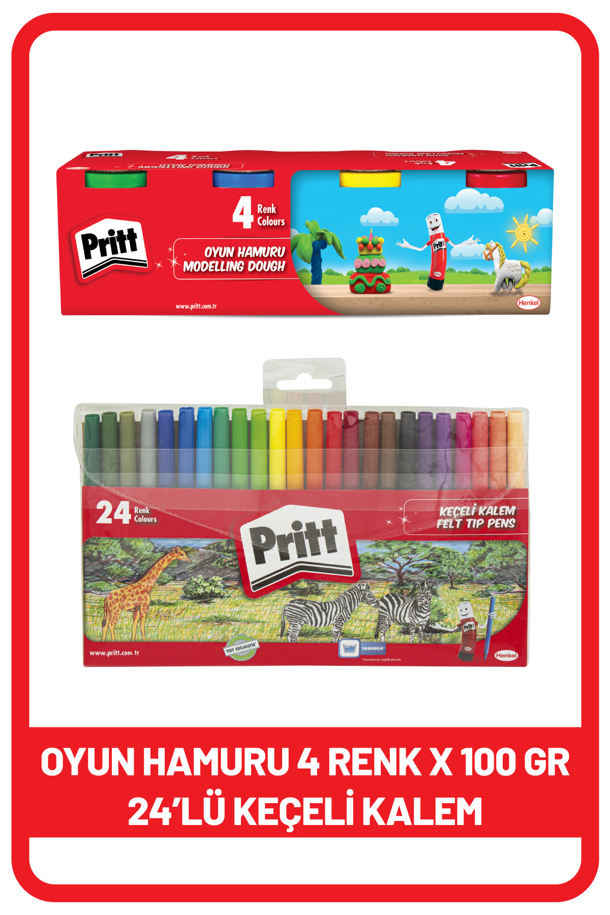 Pritt 24'lü Keçeli Kalem + Pritt oyun hamuru 4 renk x 100 gr 