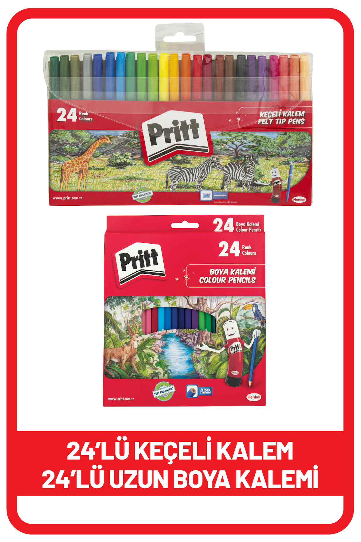 Pritt 24'lü Keçeli Kalem + 24'lü Uzun Kuru Boya Kalemi 