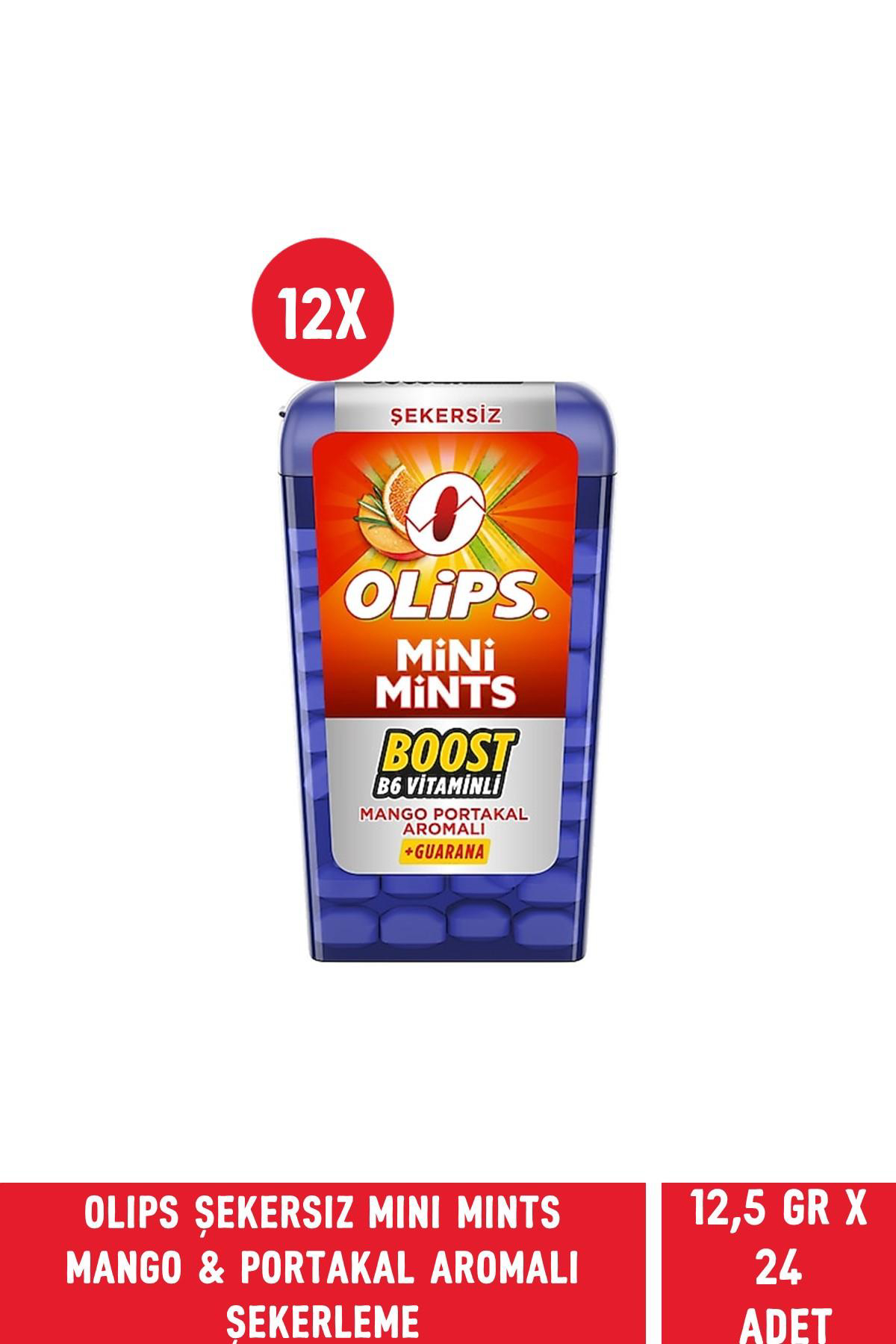 Olips Şekersiz Mini Mints Mango & Portakal Aromalı Boost B6 Vitaminli Ferahlatıcı Şekerleme 12,5 gr  X 12 Adet