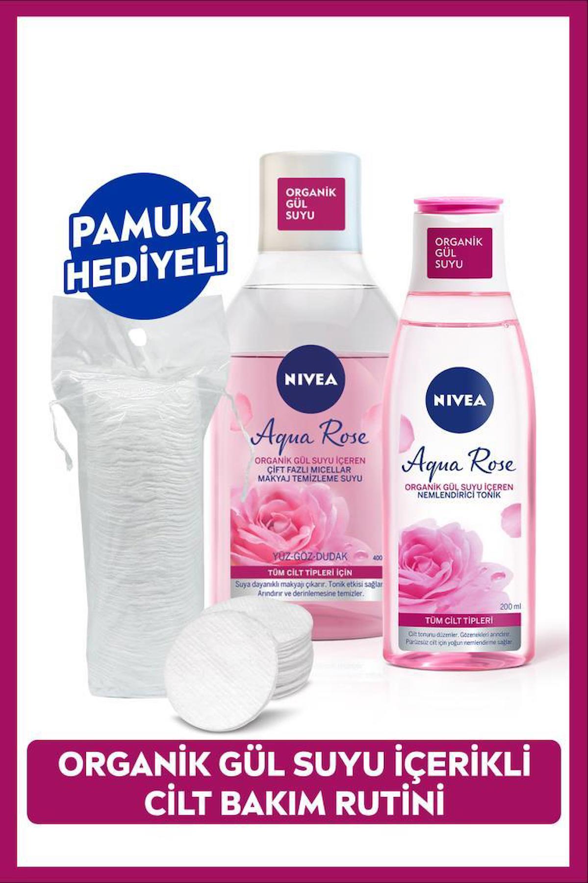 Aqua Rose Micellar Çift Fazlı Makyaj Temizleme Suyu 400ml ve Nemlendirici Tonik 200ml, Pamuk Hediye