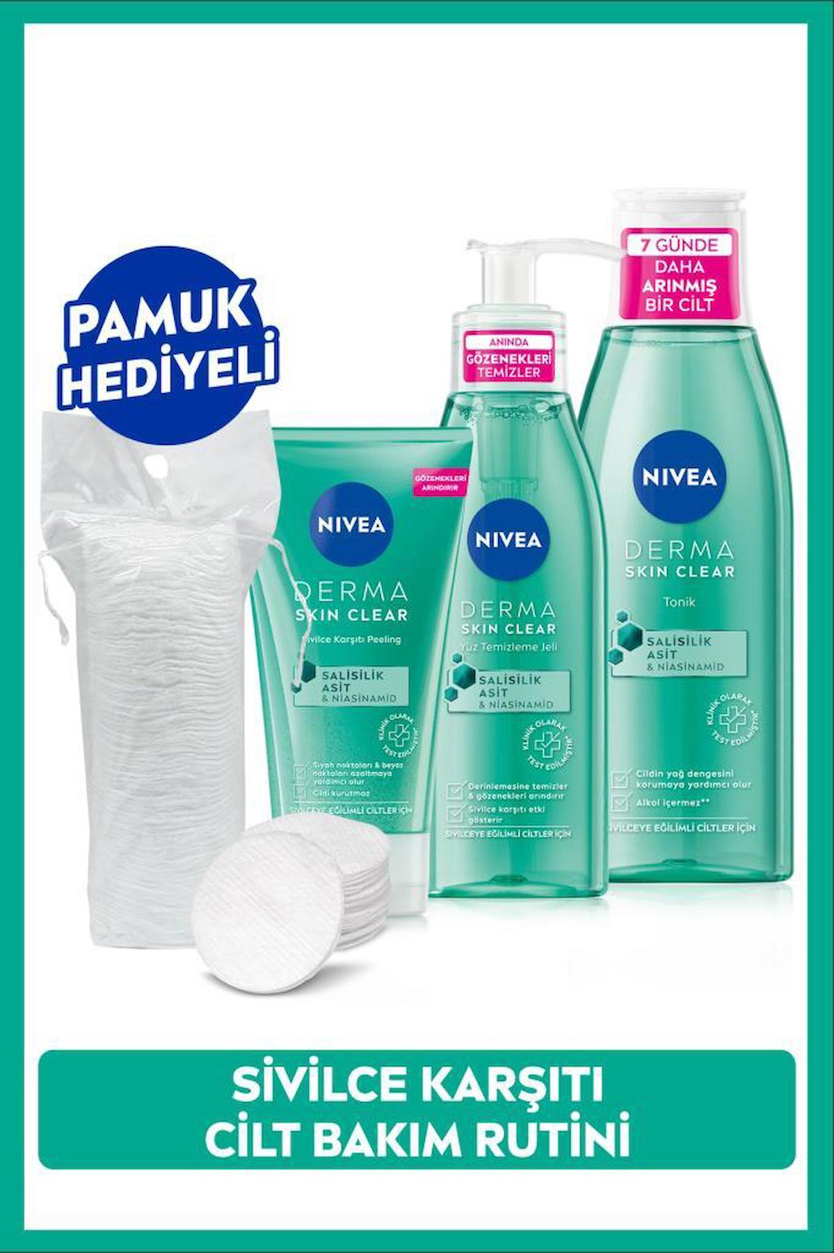 Derma Skin Clear Niasinamid Yüz Temizleme Jeli 150ml, Tonik 200ml ve Peeling 150ml, Pamuk Hediyeli