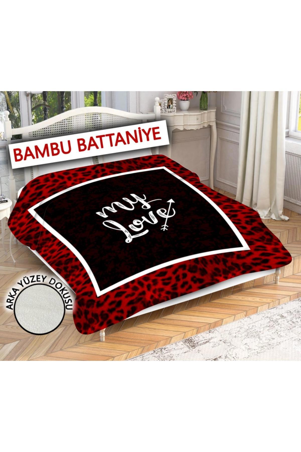 Dekoratif Leopar My Love Desenli Bambu ve Sharpa Kumaşlı Çift Kişilik Battaniye