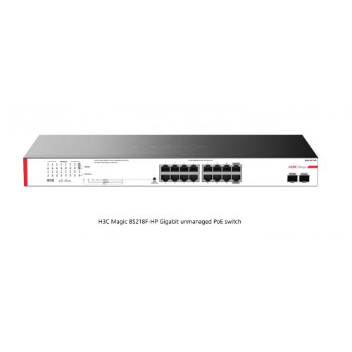 H3C Magic BS218F-HP, 18 Port, GigaBit, 16 Port PoE, 225W, 2 Port GigaBit Uplink, +2 Port GigaBit SFP, Metal Kasa, Yönetilemez, Rack Mount Switch