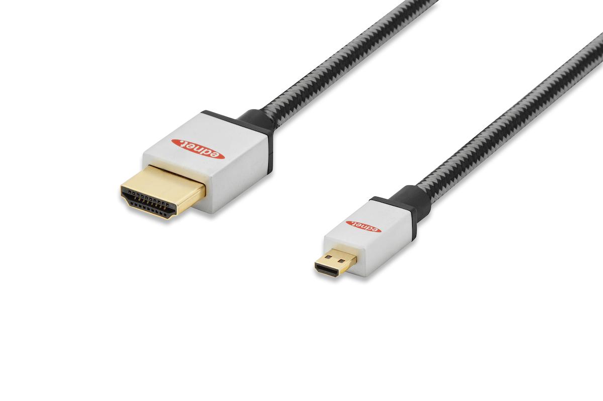 ED-84489 ednet Premium HDMI High Speed with Ethernet Bağlantı Kablosu (HDMI 1.4), 2160p, 4K, HDMI D (mikro) Erkek <-> HDMI A Erkek, 2 metre, AWG30, UL, 3x zırhlı, pamuk örgü kablo kılıfı, altın kaplama, gümüş/siyah renk