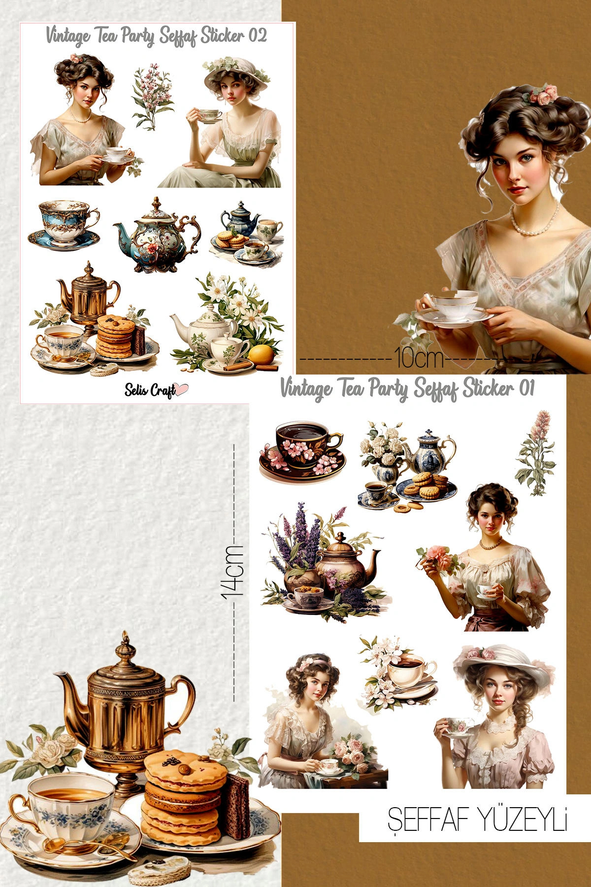 Vintage Tea Party Temalı Şeffaf Sticker Seti 01-02 Ajanda Planlayıcı Bullet Journal Için Uygundur