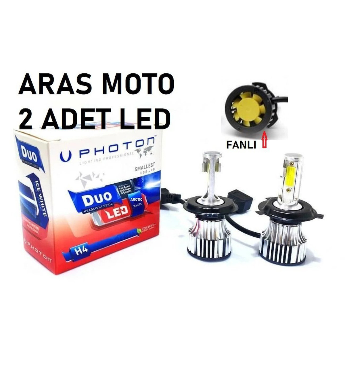 Photon Fanlı Xenon Led Beyaz Ampül H4 12-24 V Duo Soğutucu Fanlı Model 2 Adet_Supermoto