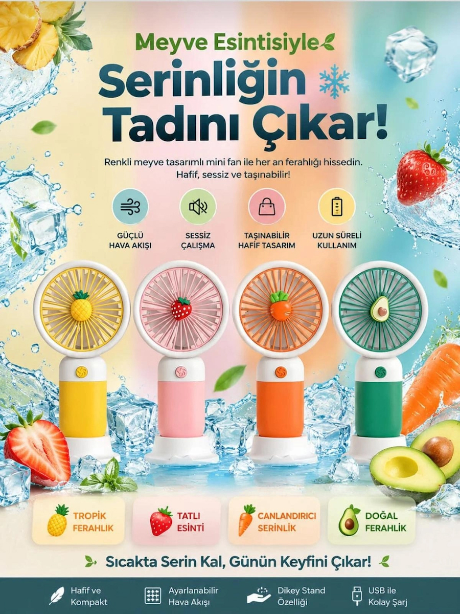 T300 MEYVE TEMALI YEŞİL ŞARJLI MİNİ EL FANI