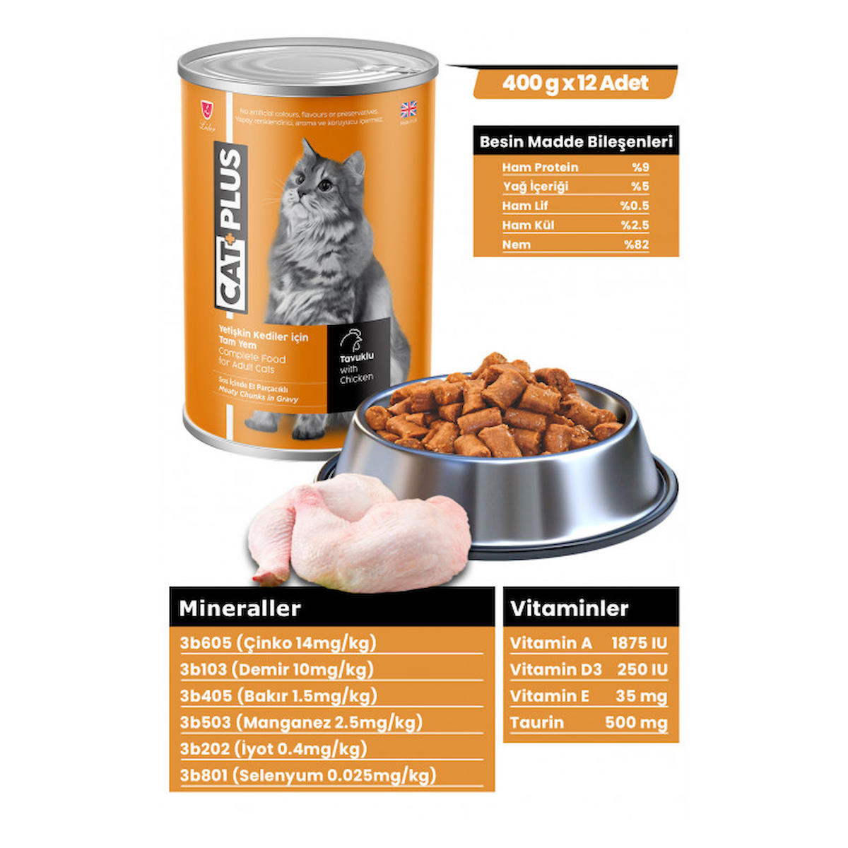 CatPlus Sos İçinde Et Parçacıklı Tavuklu Yetişkin Kedi Konserve Yaş Mama 400 Gr x 12 Adet