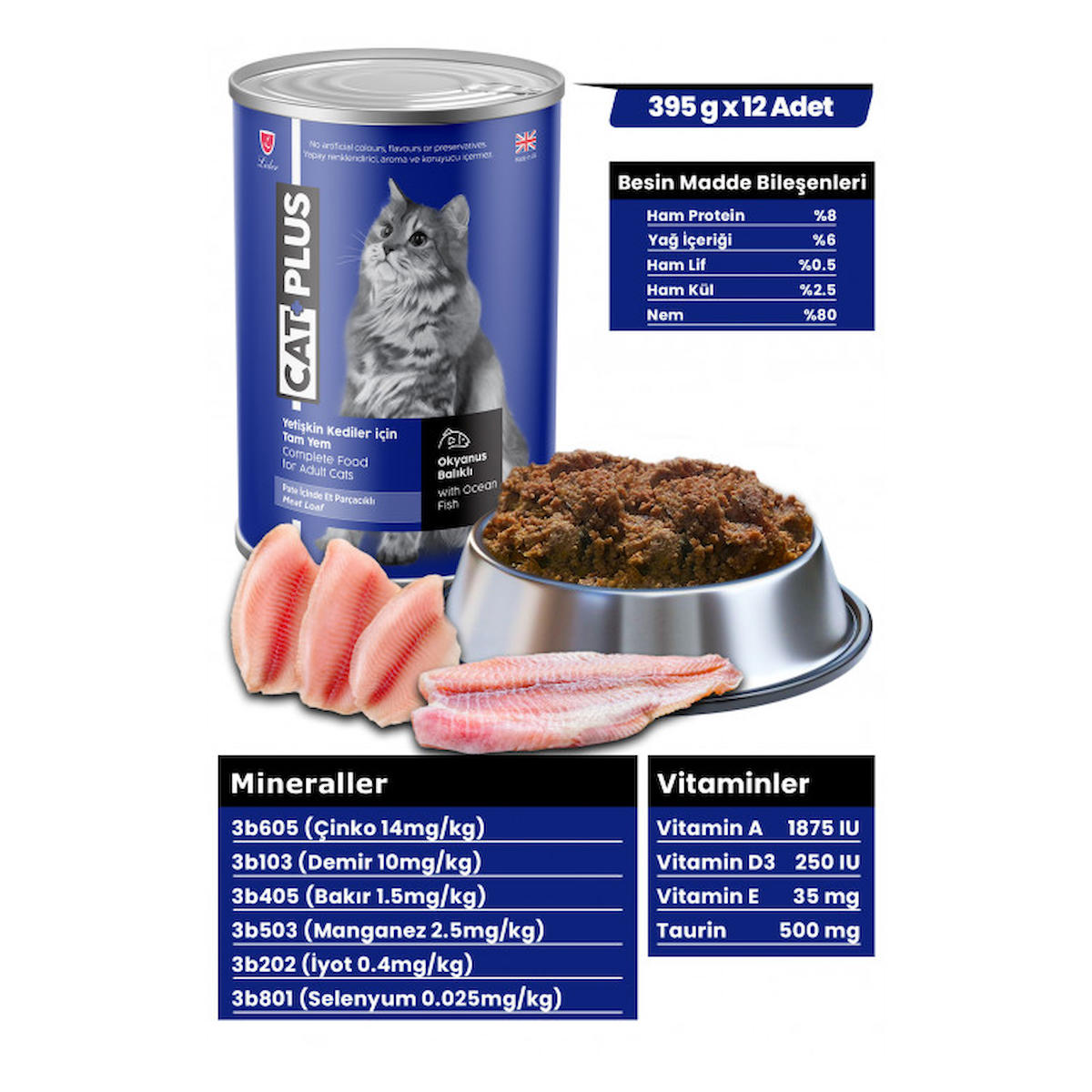 CatPlus Pate İçinde Et Parçacıklı Okyanus Balıklı Yetişkin Kedi Konserve Yaş Mama 395 Gr x 12 Adet