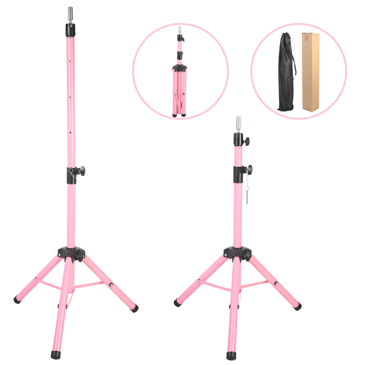  Kuaför Eğitim Mankeni İçin Metal Tripod - Pembe + Taşıma Çantası