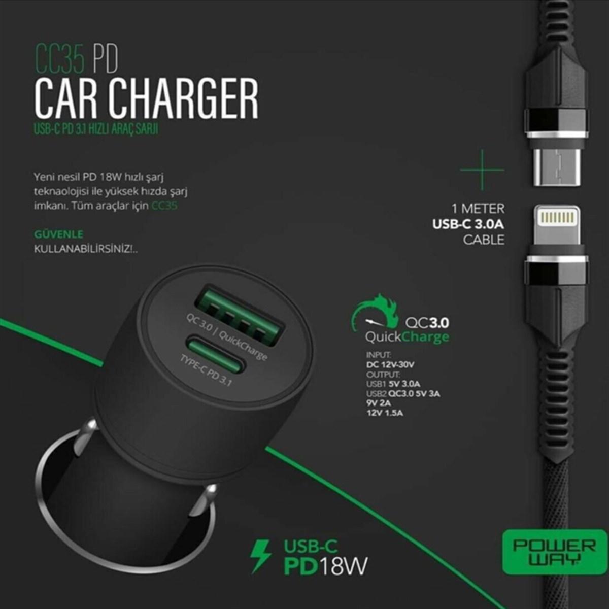 POWERWAY CC35 YENİ NESİL USB-C (IPHONE TO TYPE-C) ARAÇ ŞARJ SETİ (PD18W)