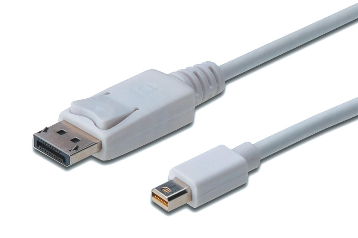 DisplayPort (DP)  Mini DisplayPort (mini DP) Bağlantı Kablosu, DP Erkek - mini DP Erkek, 1 metre, kilit mekanizmalı, DP 1.1a uyumlu, UL, beyaz renk