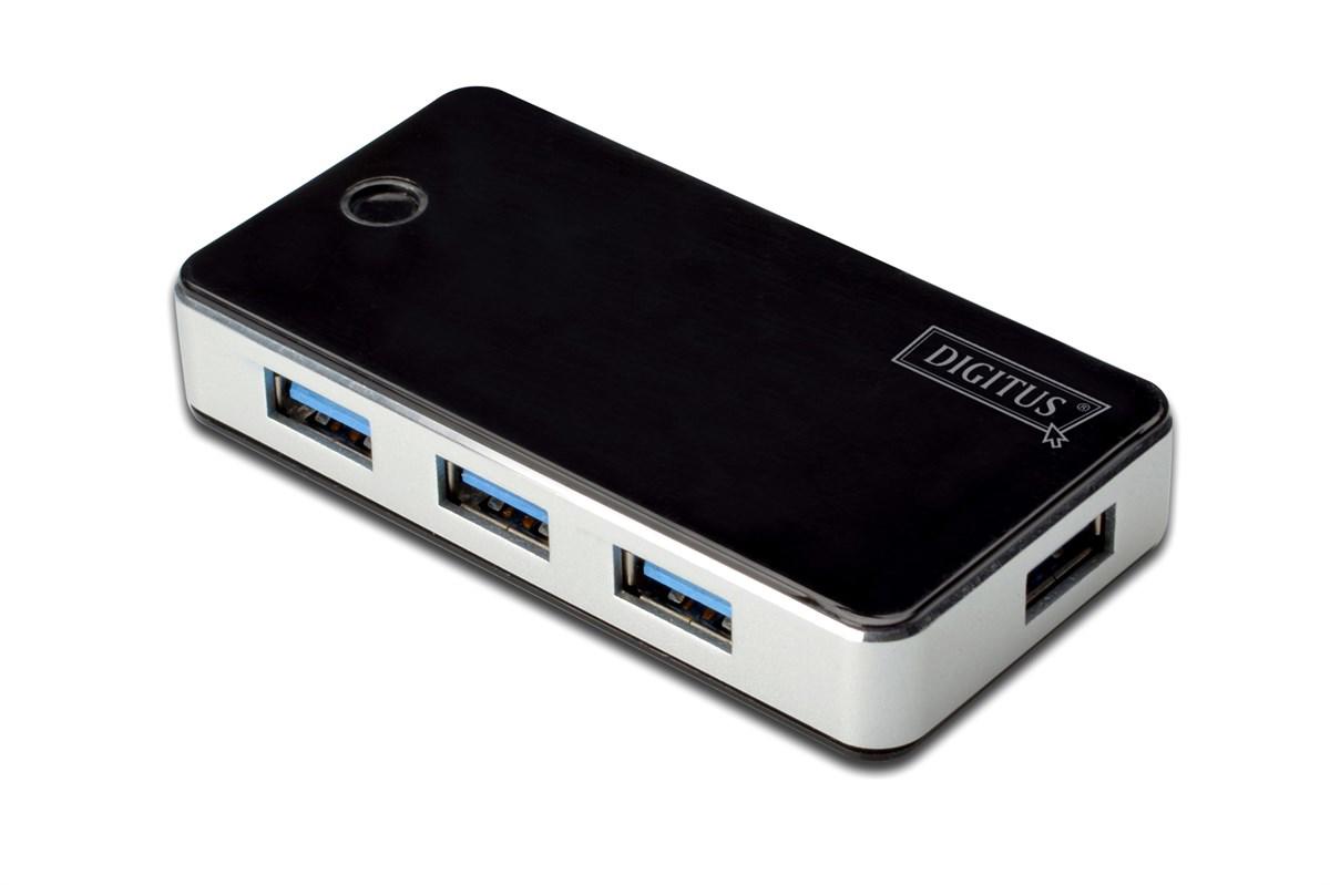 Digitus 4 Port USB 3.0 Hub, siyah/gümüş renk, plastik, güç adaptörlü