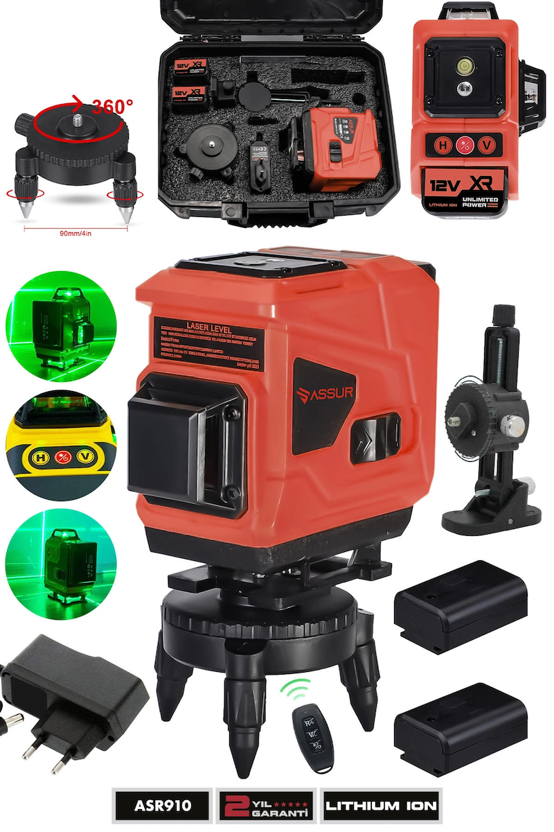 Assur 360° 12 Köşe Otomatik Hizalamalı Lazer Metre Hizalama  Çizgili Lazer Hizalama Su Terazili